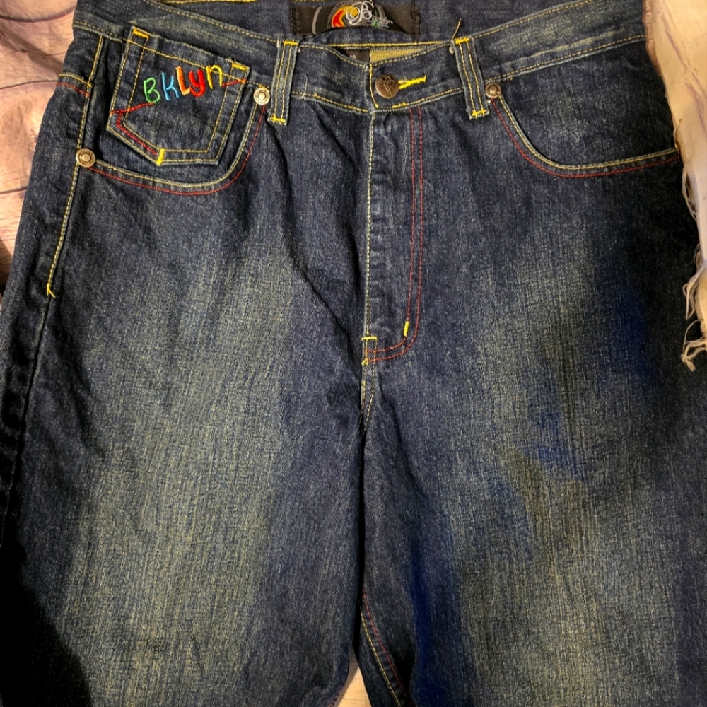 BROOKLYN EXPRESS MEN'S DENIM SHORTS EMBROIDERED POCKETS SIZE 38